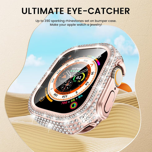 Tensea 2 in 1 Waterproof Case for Apple Watch Ultra2/Ultra 49mm, Hard PC Diamond Bumper with Tempered Glass Film, Bling