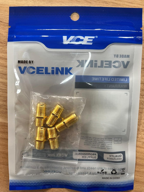 VCE Coaxial Cable Connector, RG6 F-Type Gold Plated Adapter, Female to Female, 5-Pack