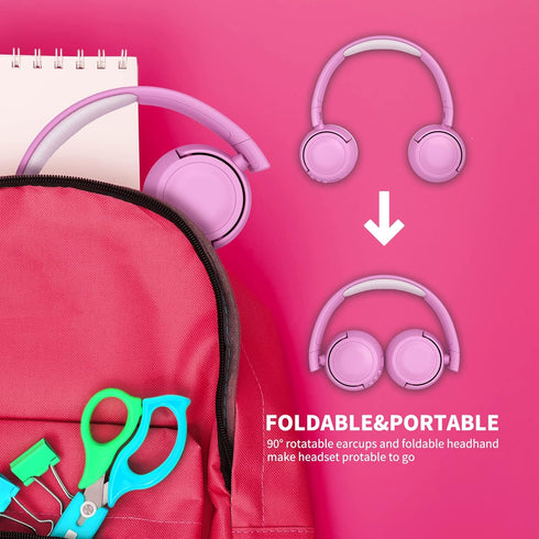 SHON Kids Wireless On-Ear Headphones, Pink Foldable Stereo with 3.5mm Jack, Wired Headphones for
