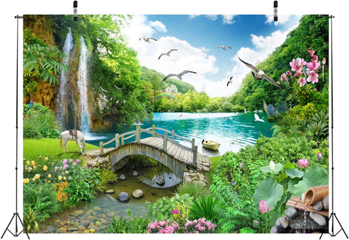 BELECO Picturesque Garden Background Fabric: 5x3ft Outdoor Tropical Landscape Mountain Trees Waterfall Scenery Backdrop