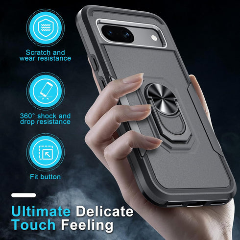 Shop Google Pixel 8a Case 2024: Heavy Duty Black Matte with Screen & Camera Lens Protectors, Rotatable Kickstand.