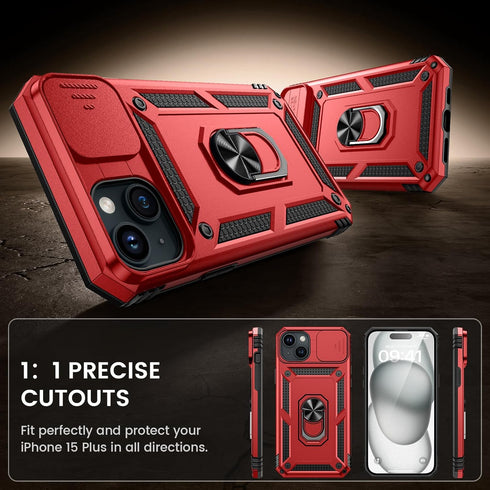 Goton iPhone 15 Plus Case - Heavy Duty Shockproof Bumper with Screen Protector & Slide Camera Cover, Red