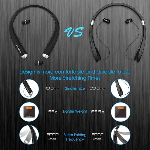 AMORNO Foldable Bluetooth Headphones, Wireless Neckband Sports Headset with Retractable Earbuds, Noise Cancelling, Black