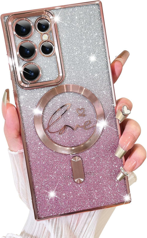 Fiyart Pink Case for Samsung Galaxy S22 Ultra, MagSafe Compatible, Clear with Love Heart Plating, Shockproof 6.8"