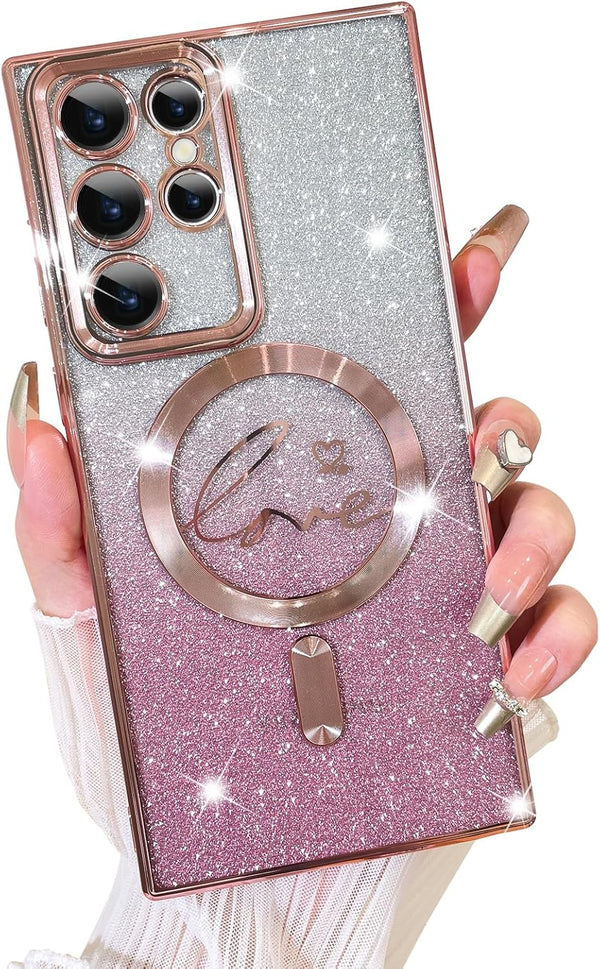 Fiyart Pink Case for Samsung Galaxy S22 Ultra, MagSafe Compatible, Clear with Love Heart Plating, Shockproof 6.8"