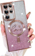 Fiyart Pink Case for Samsung Galaxy S22 Ultra, MagSafe Compatible, Clear with Love Heart Plating, Shockproof 6.8"