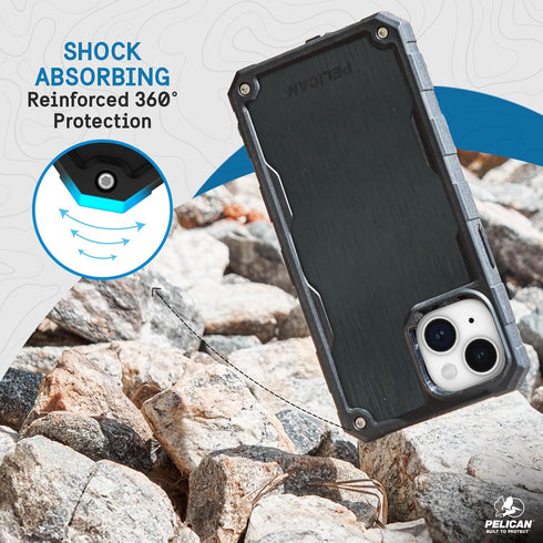 Pelican Shield Brushed Aluminum Case for iPhone 15, 6.1" Compatible with MagSafe, 21ft Military Grade Drop Protection