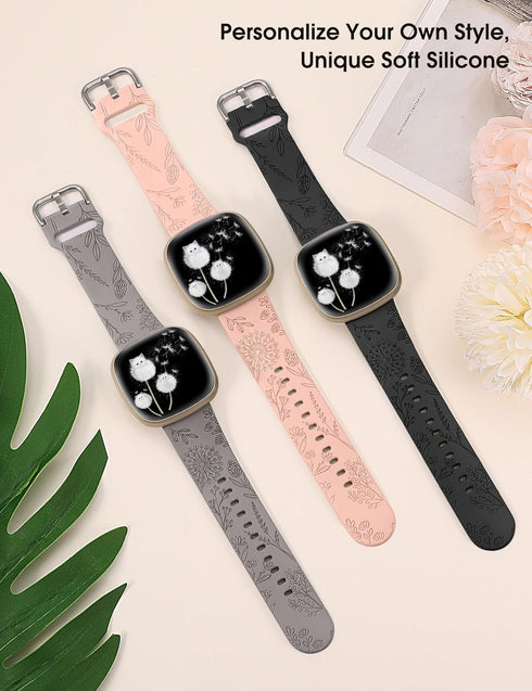 Minyee 3 Packs Floral Engraved Band for Fitbit Versa 4/3/Sense 2, Cute Soft Silicone Dandelion Pattern Strap
