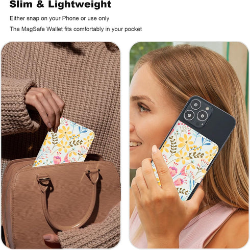 HAOPINSH MagSafe Wallet, Magnetic Card Holder with Floral Pattern, Detachable Adjustable Flip Leather Kickstand for