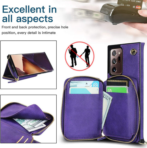 Asuwish Samsung Galaxy Note 20 Ultra 5G Wallet Case, Leather Cover with Zipper Slot, Screen Protector, Purple.