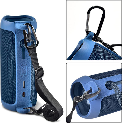Silicone Case for JBL FLIP 6 Waterproof Portable Bluetooth Speaker, Gel Soft Skin Rubber Cover, Travel Carrying Storage Bag Pouch with Shoulder Strap and Carabiner - Blue