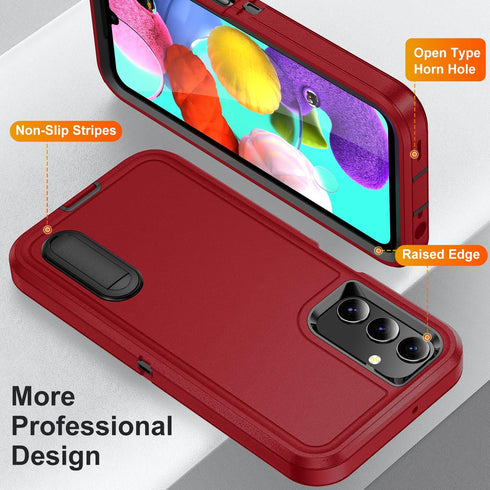 Galaxy A15 5G Case with Kickstand, 3-Layer Military Grade Protective Cover, Shockproof Silicone - Red/Black