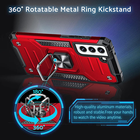 Anqrp Galaxy S21 FE Case - Military Grade Protective Cover with Rotatable Metal Ring Kickstand, Red