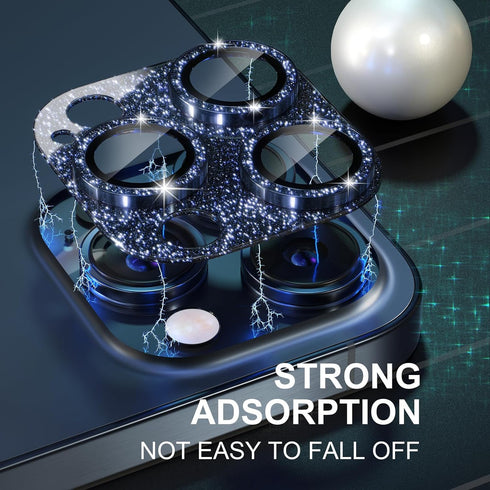Choiche Bling Camera Lens Protector for iPhone 15 Pro/Pro Max, 9H Tempered Glass, Glitter-Titanium Blue, Metal Ring.
