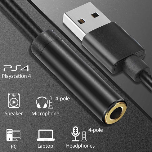 Pasow USB to 3.5mm Jack Audio Adapter - USB to Headphone Jack Adapter Cable with TRRS 4-Pole Mic-Supported