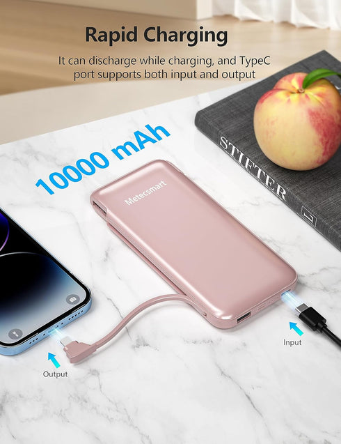 Portable Charger Power Bank 10,000mAh with Built-in Cable and AC Wall Plug, Slim Mini Fast USB-C Charger for Smartphones