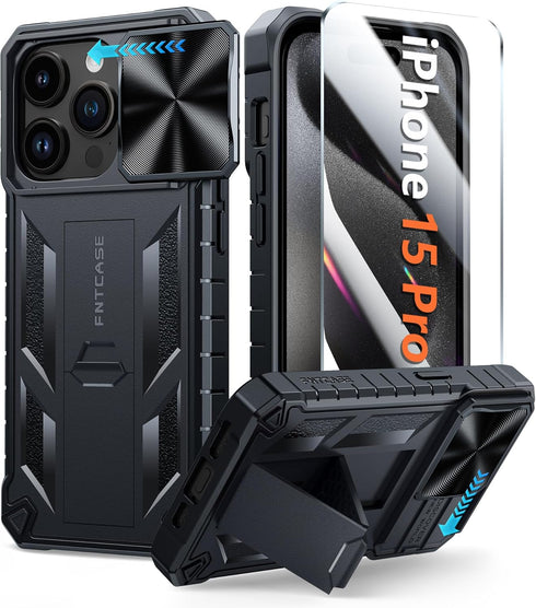 FNTCASE iPhone 15 Pro Case: Heavy Duty Black Bumper, Military Grade Drop Protection, Kickstand & Textured Grip.
