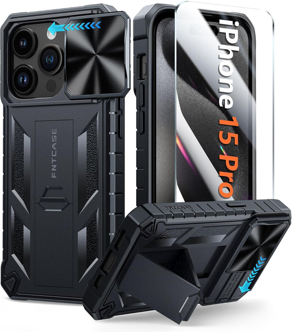 FNTCASE iPhone 15 Pro Case: Heavy Duty Black Bumper, Military Grade Drop Protection, Kickstand & Textured Grip.
