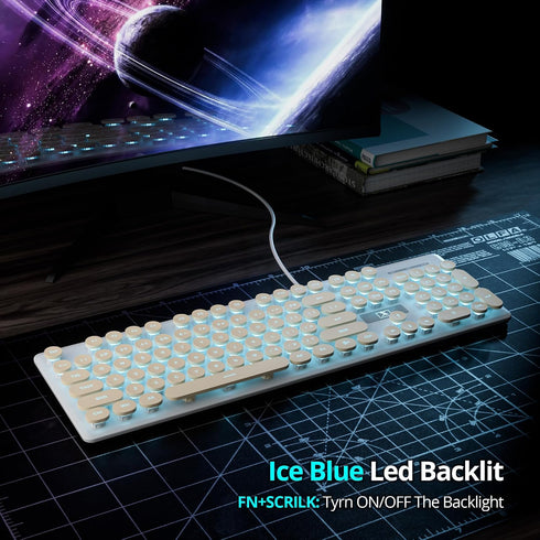 iTastatur 104-key Typewriter Keyboard Punk Gaming Retro Keyboard LED Ice Blue Backlit Cute Keyboard with Wired USB