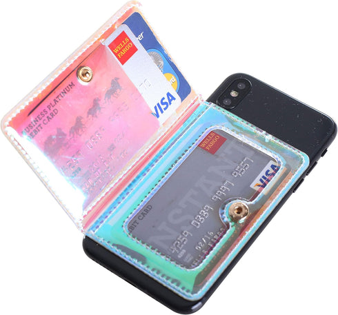 CheapSunday ID Card Holder for Back of Phone, Leather Phone Wallet Stick On with Stand, Flip Waterproof Leather