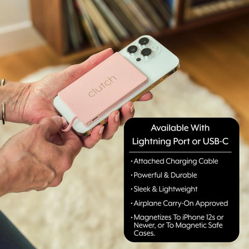 Clutch Pro Portable Charger for iPhone 14 or Older, Magnetic Battery, TSA Approved Travel Charger, Built-in Cable, Black