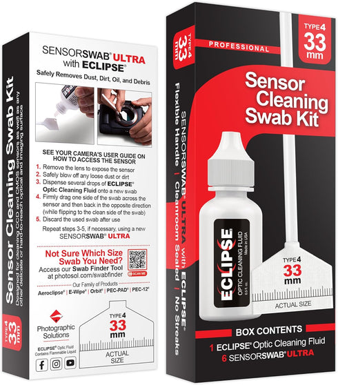 Sensor Cleaning Swab Kit with Eclipse Optic Cleaning Solution (0.5oz/15ml) + Type-4 Sensor Swab Ultra 33mm (Pack of 6)