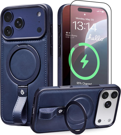 Butaiga for iPhone 17 Pro Max Leather Case with Stand, Anti-Slip Grip Ring,