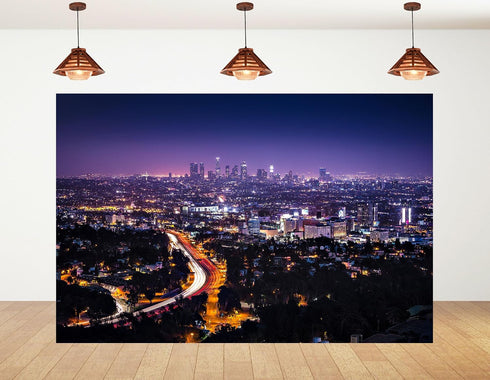 KeyWork 10x7ft Los Angeles Skyline Backdrop Purple Night Sky Light Trails City Lights