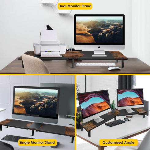 Large Dual Monitor Riser Stand for Desk: Adjustable Length Angle, Double Computer Riser for Desktop Organizer, Monitor