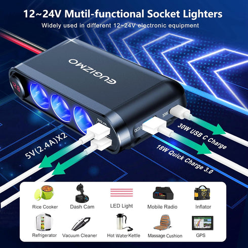 12V Car Cigarette Lighter Socket, 200W 3 Socket Plug Splitter, USB Charger Adapter, 12 Volt Power Outlet with Eyelet