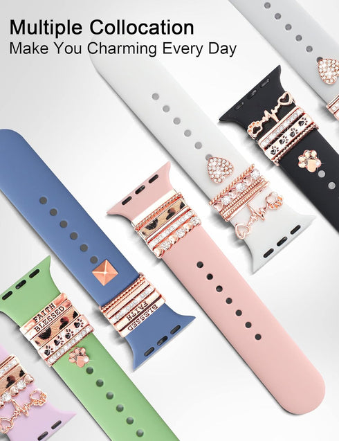 JR.DM 13 Pieces Rose Gold Watch Band Charms with 10-Pcs Decorative Rings & 3-Pcs Decoration, Compatible with Apple Watch