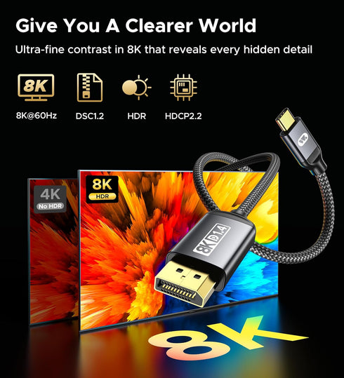 Warrky USB C to DisplayPort 1.4 Cable 10FT 8K@60Hz, 4K@240Hz/144Hz, Type C to Display Port Cord Compatible with iPhone 15, MacBook Pro/Air, iPad, iMac
