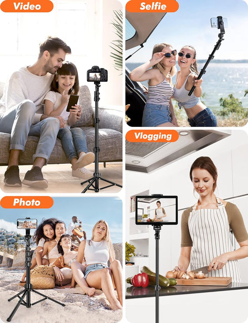 Phone Tripod, 71" Selfie Stick Tripod Stand with Remote, Tall Travel Tripod for Recording Video Selfies, Compatible
