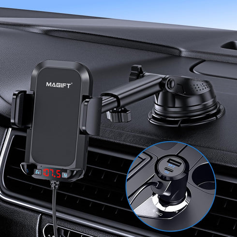 54W Bluetooth 5.3 FM Transmitter Car Adapter, 3-in-1, HiFi Bass Sound, Hands-Free Calling, Phone Holder
