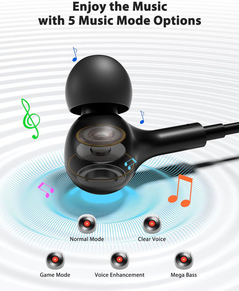 USB C Headphones Wired Earbuds with Microphone HiFi Stereo Deep Bass Noise Cancelling Multiple Music Sound Effects In Ear Earphones for Live Singing Recording, KTV Karaoke, Live Video Streaming Black