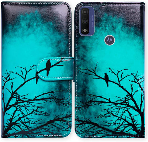 Leather Flip Phone Case Wallet for Motorola Moto G Pure/Power 2022 - Black Bird Pattern with Card Slot and Kickstand