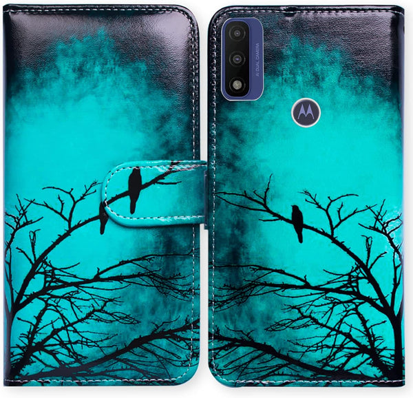 Leather Flip Phone Case Wallet for Motorola Moto G Pure/Power 2022 - Black Bird Pattern with Card Slot and Kickstand