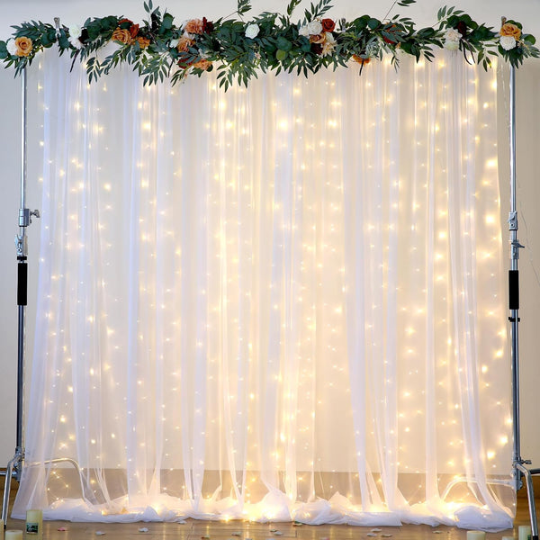 Suppromo White Tulle Backdrop Curtain with Lights String for Parites 108ft Sheer Backdrop