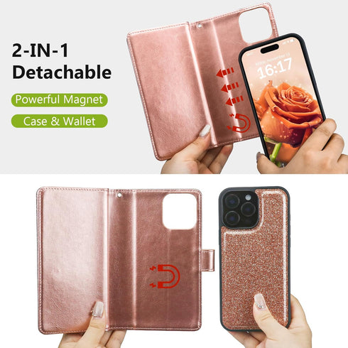 Varikke Wallet Case for iPhone 13 Pro Max, Fashion Glitter PU Leather Strap, Magnetic Flip Cover, Rose Gold