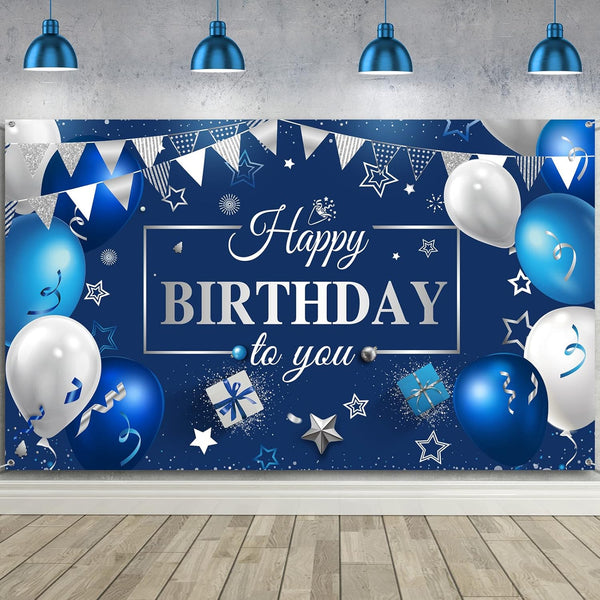 Sumind Happy Birthday Decorations Backdrop Banner, Navy Blue and Silver Party Decoration Sign for Men Women, 72.8 x