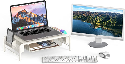 White Metal Monitor Stand with Organizer Drawer - Simple Houseware