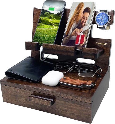 Gifts for Men Women Nightstand Organizer, Wood Phone Docking Station for Birthday, Mother's Day, Christmas, Walnut