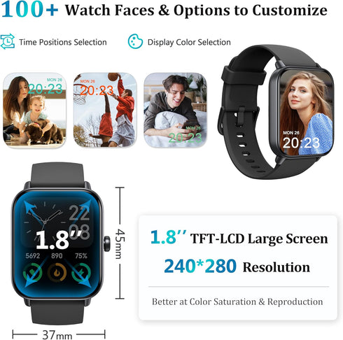 KALINCO Smart Watch for Men Women, 1.8" Fitness Tracker with Heart Rate/SpO2/Stress/Sleep Monitor, Alexa Built-in, 100+