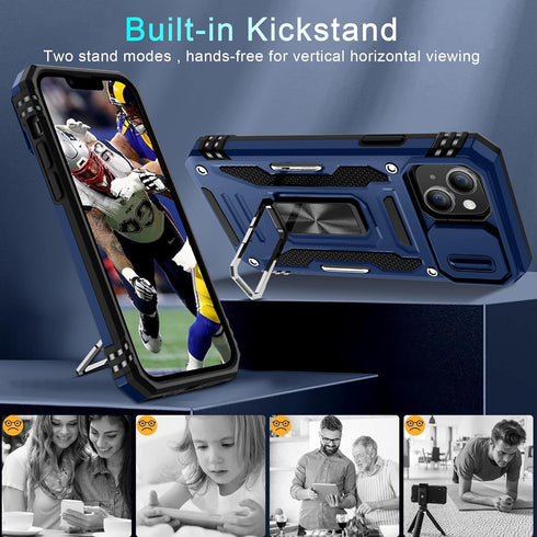 DEERLAMN iPhone 13/14 Case with Slide Camera Cover + Screen Protector (2 Packs), Navy Blue, Military Grade Shockproof