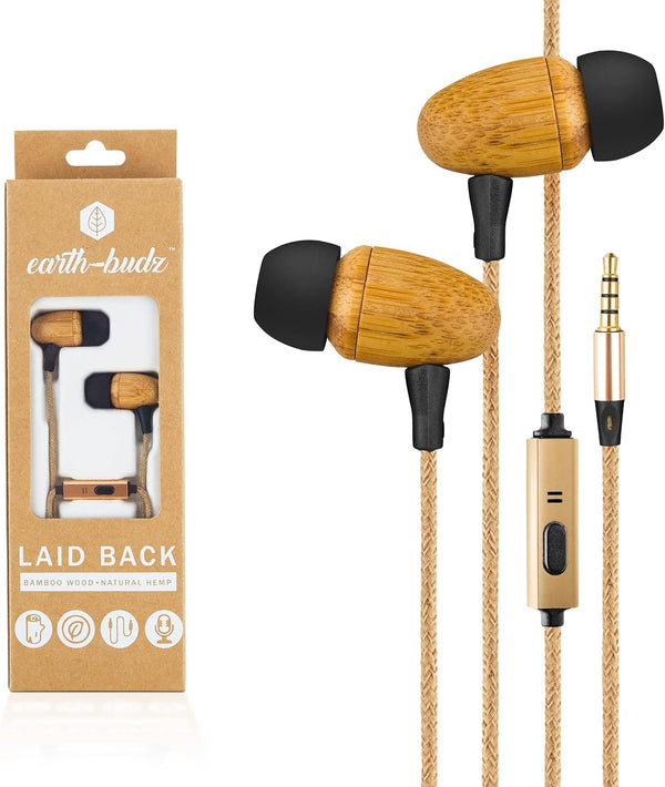 Earth-Budz Wood Earbuds, Hand-Crafted Bamboo with Microphone and Natural Hemp Cord, Lightweight