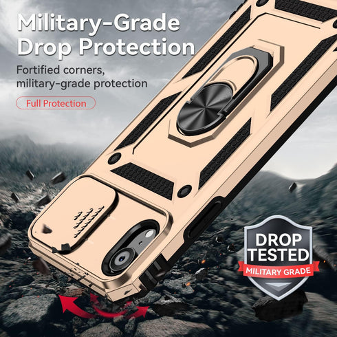 Hitaoyou iPhone XR Case with Camera Cover, Military Grade Shockproof Heavy Duty Protective Case with Stand, Gold