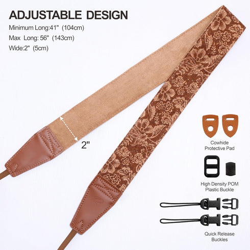 Padwa Lifestyle Cork Camera Strap - 2" Top Layer Cowhide, Natural Log Crackle Art Print, Soft Velvet Padded