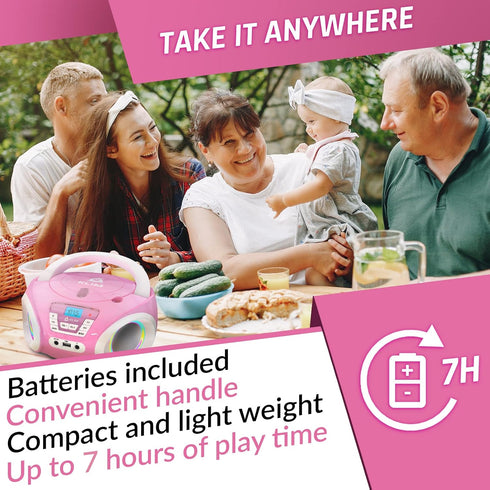 KLIM Candy Kids Portable CD Player, New Version 2024, FM Radio, Batteries Included, Cute Pink Boombox for Kids