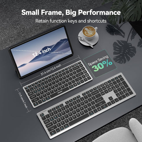 TECKNET 4-Device (2.4G+3BT) 14 Bluetooth Keyboard Rechargeable, Wireless Keyboard, Ultra-Slim Quiet Typing, Hotkeys