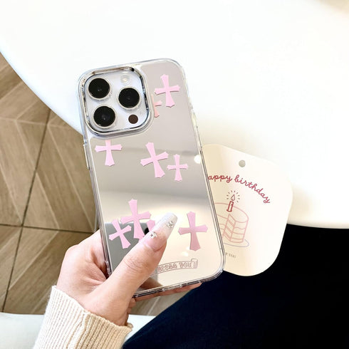 Fits iPhone 15 Pro Max Bless Cross Phone Case, Shockproof Protective Mirror Case for iPhone 14 (Pink, 13/14)